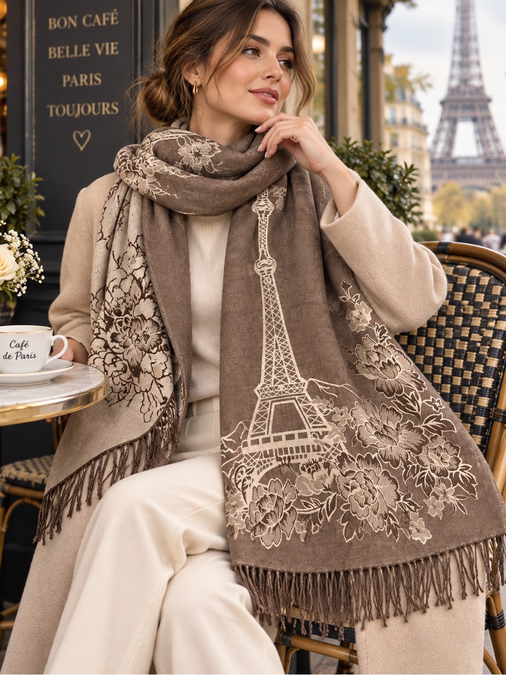 Reversible Paris Eiffel Tower Floral Fringe Scarf Wrap Shawl Pashmina